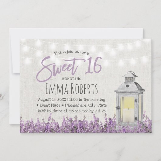Sweet 16 Rustic Lavender Floral White Lantern Kaart (Voorkant)
