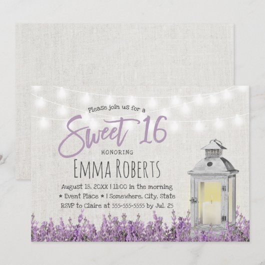 Sweet 16 Rustic Lavender Floral White Lantern Kaart (Voorkant / Achterkant)