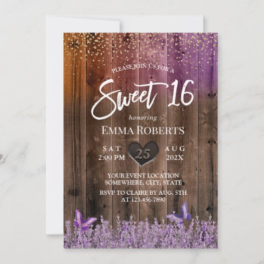 Sweet 16 Rustic Paars Lavender Flower Barn Wood Kaart (Voorkant)