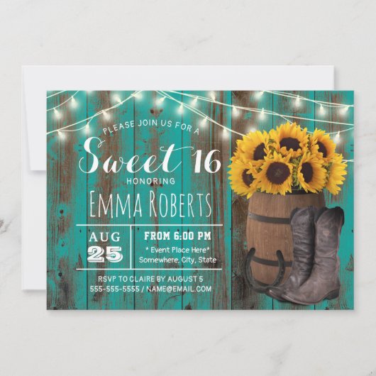 Sweet 16 Rustic Sunflower Blauwgroen Western Cowgi Kaart (Voorkant)