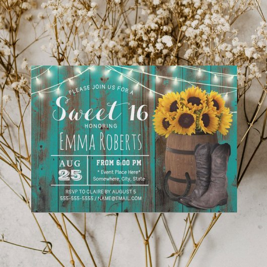 Sweet 16 Rustic Sunflower Blauwgroen Western Cowgi Kaart
