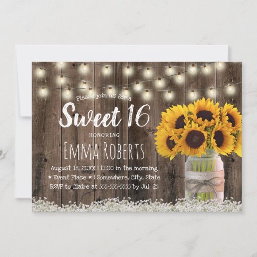 Sweet 16 Rustic Sunflower Floral Jar Barn Wood Kaart (Voorkant)