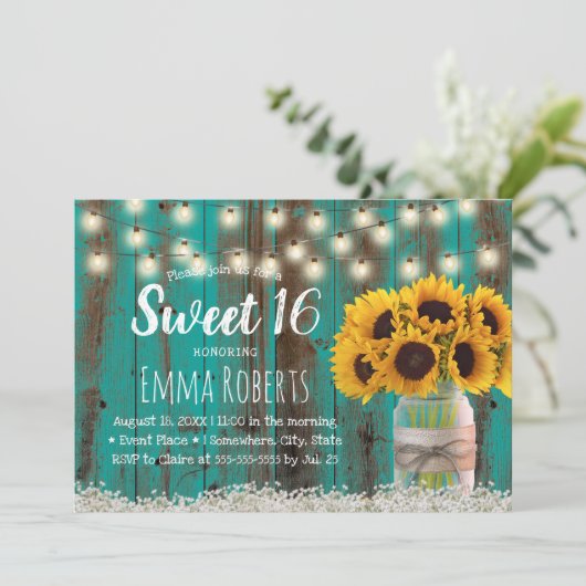 Sweet 16 Rustic Sunflower Jar Blauwgroen Barn Wood Kaart (Staand voorkant)