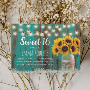 Sweet 16 Rustic Sunflower Jar Blauwgroen Barn Wood Kaart