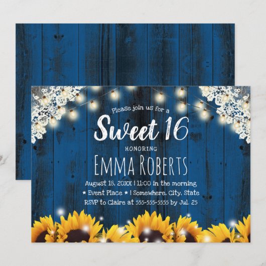 Sweet 16 Rustic Sunflower Lace String Lights marin Kaart (Voorkant / Achterkant)