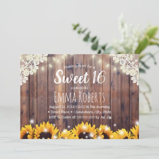 Sweet 16 Rustic Sunflower & String Lights Kaart (Staand voorkant)