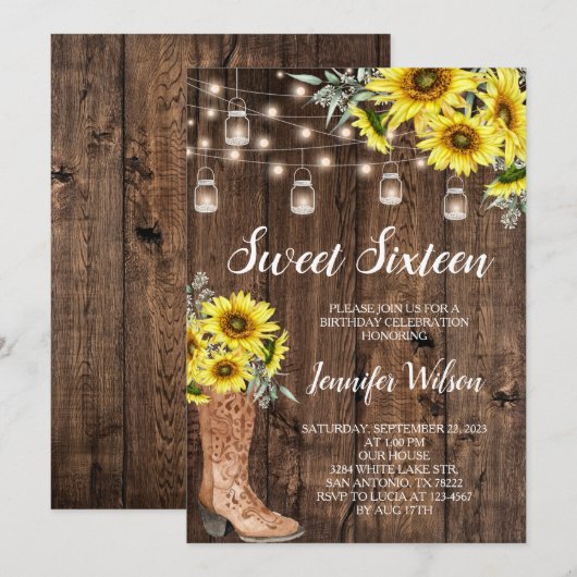 Sweet 16 Rustic Sunflower String Lights Kaart (Voorkant / Achterkant)
