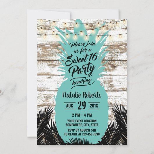 Sweet 16 Rustic Tropical Beach Blauwgroen ananas Kaart (Voorkant)