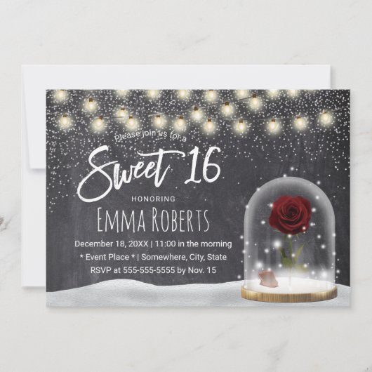 Sweet 16 Rustic Winter Beauty Roos Dome Chalkboard Kaart (Voorkant)
