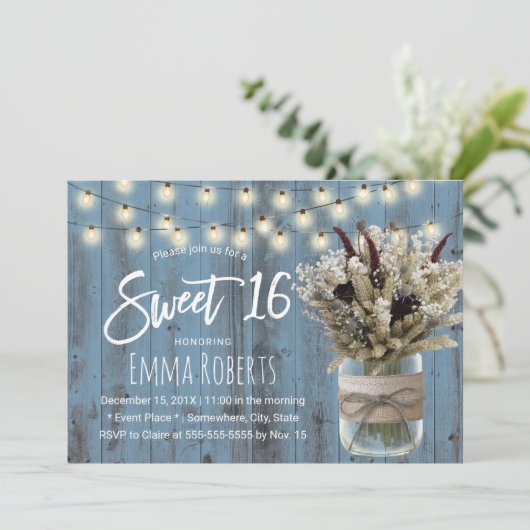 Sweet 16 Rustic Winter Floral Jar Dusty Blue Kaart (Staand voorkant)
