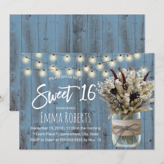 Sweet 16 Rustic Winter Floral Jar Dusty Blue Kaart (Voorkant / Achterkant)
