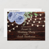 Sweet 16 Rustic Wood Blue Floral String Lights Briefkaart (Voorkant / Achterkant)