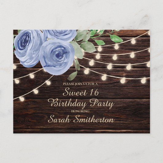 Sweet 16 Rustic Wood Blue Floral String Lights Briefkaart (Voorkant)