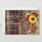 Sweet 16 Rustic Wood Boots Sunflower Red Roses Kaart (Voorkant)