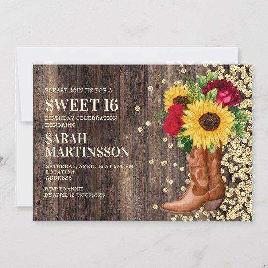 Sweet 16 Rustic Wood Boots Sunflower Red Roses Kaart (Voorkant)