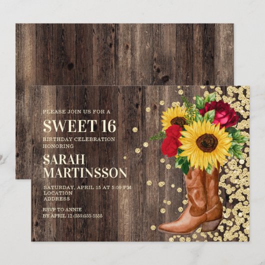 Sweet 16 Rustic Wood Boots Sunflower Red Roses Kaart (Voorkant / Achterkant)