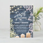 Sweet 16 rustieke blauwe houten string verlichting kaart (Staand voorkant)