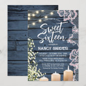 Sweet 16 rustieke blauwe houten string verlichting kaart (Voorkant / Achterkant)