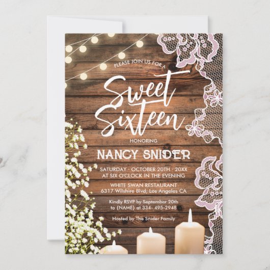 Sweet 16 rustieke houten string verlichting modern kaart (Voorkant)