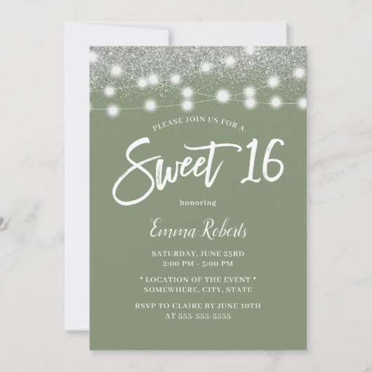 Sweet 16 Sage Green Silver Glitter Birthday Kaart (Voorkant)