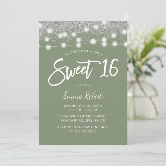 Sweet 16 Sage Green Silver Glitter Birthday Kaart (Staand voorkant)