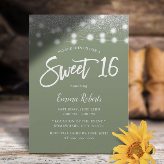 Sweet 16 Sage Green Silver Glitter Birthday Kaart