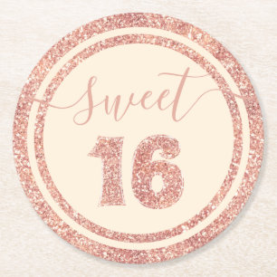 Sweet 16 Salmon Faux Glitter Stripe Verjaardagsfee Ronde Kartonnen Onderzetter