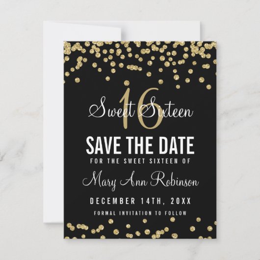 Sweet 16 "Save Date" Gold Glitter Confetti Black Save The Date (Voorkant)