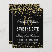 Sweet 16 "Save Date" Gold Glitter Confetti Black Save The Date (Voorkant / Achterkant)