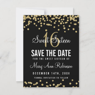 Sweet 16 "Save Date" Gold Glitter Confetti Black Save The Date