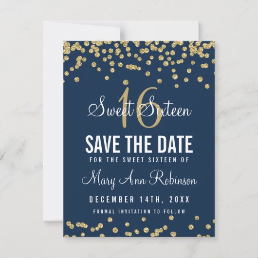 Sweet 16 "Save Date" Gold Glitter Confetti Navy Save The Date (Voorkant)
