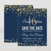 Sweet 16 "Save Date" Gold Glitter Confetti Navy Save The Date (Voorkant / Achterkant)