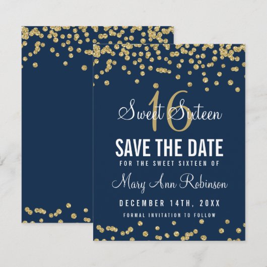 Sweet 16 "Save Date" Gold Glitter Confetti Navy Save The Date (Voorkant / Achterkant)