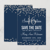 Sweet 16 Save Date Silver Glitter Confetti Navy Save The Date (Voorkant / Achterkant)