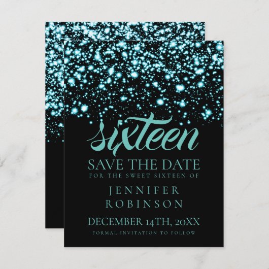 Sweet 16 "Save the Date" Blauwgroen Midnight Glam Save The Date (Voorkant / Achterkant)