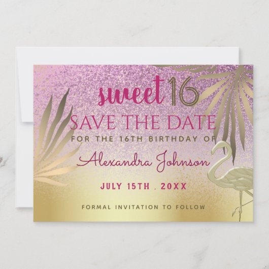 Sweet 16 Save The Date Flamingo Roze en Goud (Voorkant)
