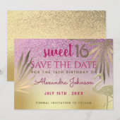 Sweet 16 Save The Date Flamingo Roze en Goud (Voorkant / Achterkant)