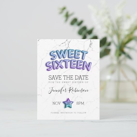 Sweet 16 Save the Date Mermaid Balloons Glitter (Staand voorkant)