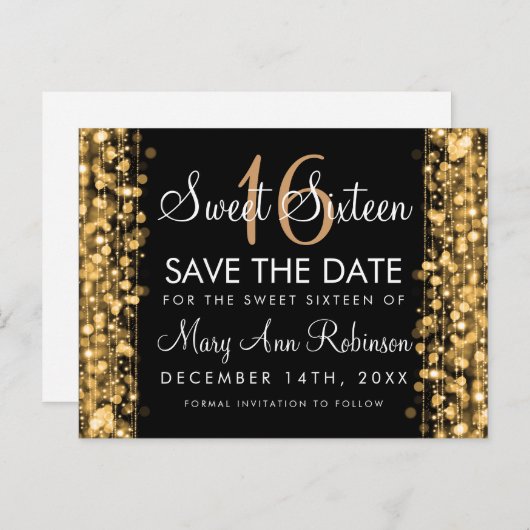 Sweet 16 Save The Date Party Sparkles Gold Aankondigingskaart (Voorkant / Achterkant)