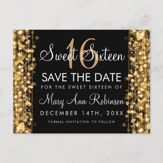 Sweet 16 Save The Date Party Sparkles Gold Aankondigingskaart (Voorkant)
