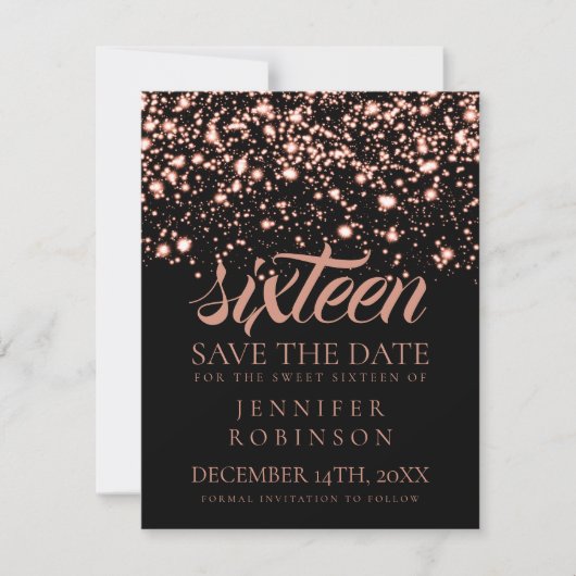 Sweet 16 "Save the Date" Roos Gold Midnight Glam Save The Date (Voorkant)