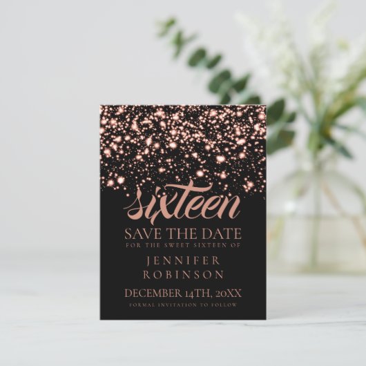 Sweet 16 "Save the Date" Roos Gold Midnight Glam Save The Date (Staand voorkant)