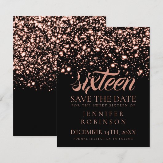 Sweet 16 "Save the Date" Roos Gold Midnight Glam Save The Date (Voorkant / Achterkant)