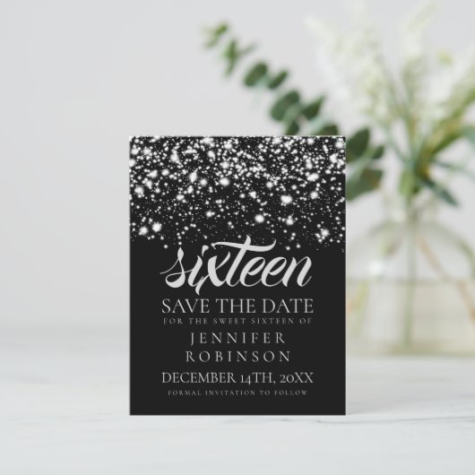 Sweet 16 "Save the Date" Silver Midnight Glam Save The Date (Staand voorkant)