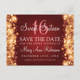 Sweet 16 "Save The Date" Sparkling Lights Gold Red Aankondigingskaart