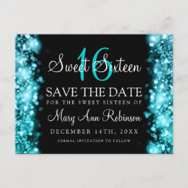 Sweet 16 "Save The Date" Sparkling Lights Turquois Aankondigingskaart