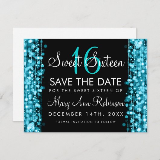 Sweet 16 Save The Date Turquoise Party Sparkles Aankondigingskaart (Voorkant / Achterkant)