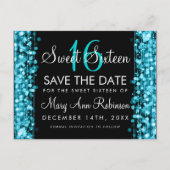 Sweet 16 Save The Date Turquoise Party Sparkles Aankondigingskaart (Voorkant)
