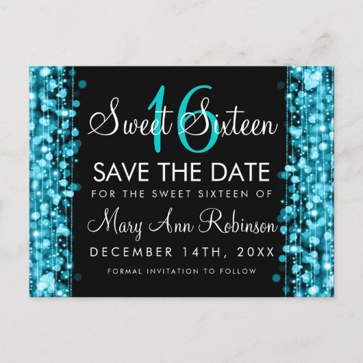 Sweet 16 Save The Date Turquoise Party Sparkles Aankondigingskaart (Voorkant)