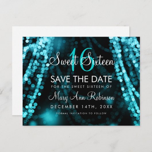 Sweet 16 "Save The Date" Turquoise String Lights Aankondigingskaart (Voorkant / Achterkant)